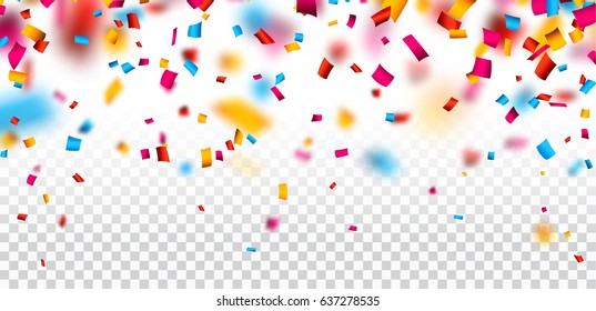 White festive checkered background with colorful confetti. Vector paper illustration.