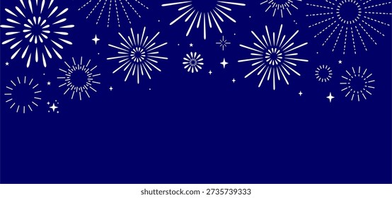 White Festive Fireworks Top Border on Blue Background for Holiday Celebration Independence Day holiday cards, banners, party  eid ramadan invites. Vector Illustration