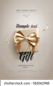 White Festive Flyer Or Poster. Top View On Gift Box And Bow With Beautiful Backdrop. Vector Illustration