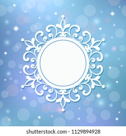 White festive frame, mandala, snowflake on a blue background with stars.Template for New Year's, Christmas cards, invitations. 