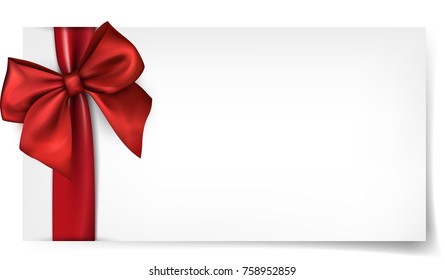 White festive gift card with red satin bow. Vector paper illustration.
