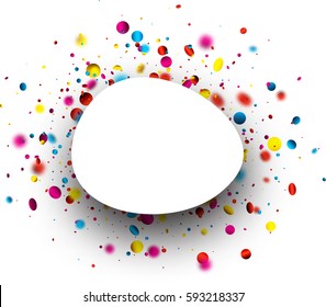 White festive oval background with blurred colorful confetti. Vector paper illustration.