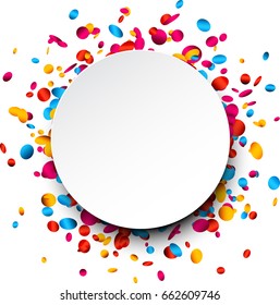 White festive round background with colorful glossy confetti. Vector paper illustration.