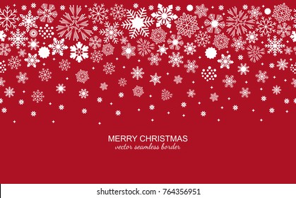 White festive seamless snowflake header isolated on red background, Christmas design for invitation or greeting card. Vector illustration, xmas snow flake border or banner, wallpaper or backdrop