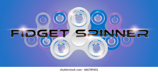 White fidget finger spinner horizontal web banner with black text. Stress relief hand toy with light effect flare. Vector for label, advertisement, brochure. Retro style purple background.