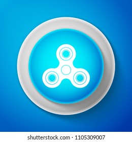 White Fidget spinner icon isolated on blue background. Stress relieving toy. Trendy hand spinner. Circle blue button with white line. Vector Illustration
