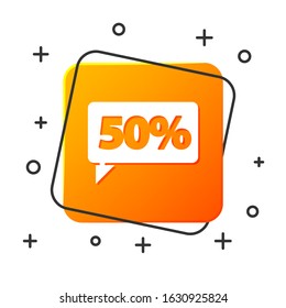 White Fifty discount percent tag icon isolated on white background. Shopping tag sign. Special offer sign. Discount coupons symbol. Orange square button. Vector Illustration