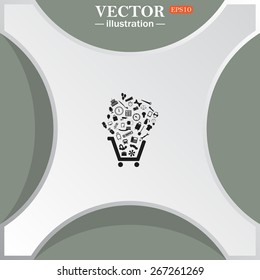White figure on a green background with shadow. Bridge.  Set of icons. Put into shopping cart. Great buy. Cart of goods, web icon. vector design