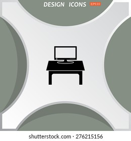 White figure on a green background with shadow. Bridge. Computer desk, workplace. icon. vector design