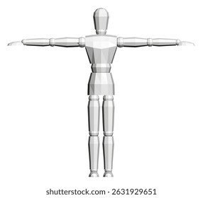 Uma figura branca com uma pose que não é muito humana. A figura é feita de madeira e está em pé. A pose é um pouco estranha e a figura parece estar em um estado de contemplação