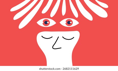 Figura blanca con el fondo rojo que muestra los ojos dobles y el pelo abstracto