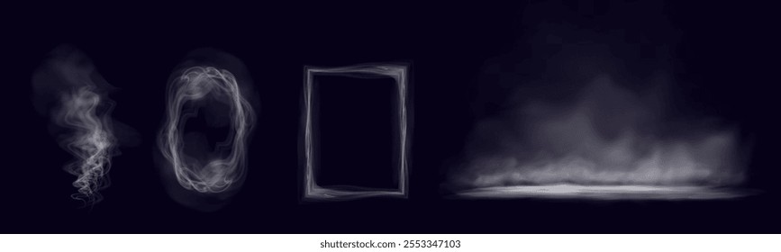 White figured smoke on dark background. Abstract overlay element for artistic compositions and creative design projects.