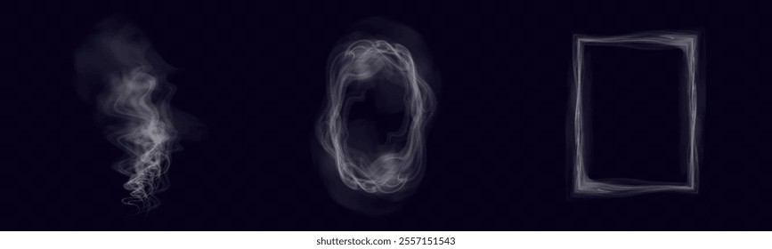 White figured smoke on dark background. Abstract overlay element for artistic compositions and creative design projects.