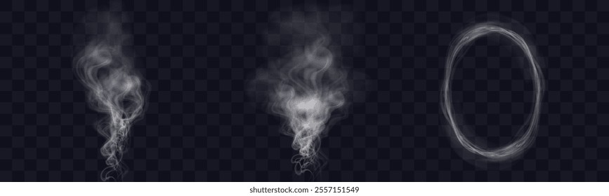 White figured smoke on dark background. Abstract overlay element for artistic compositions and creative design projects.