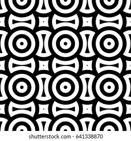 White figures background. Circles and squares texture. Ethnic motif. Seamless surface pattern design with circular embroidery ornament. Digital paper with rings for textile print, web designing.