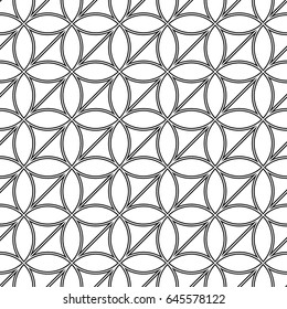 White figures on black background. Texture with ovals and triangles. Ethnic motif. Seamless surface pattern design with circular ornament. Pavement wallpaper. Digital, textile print, web designing.