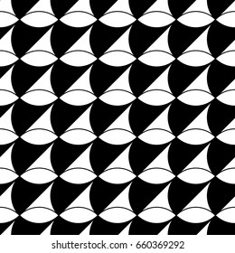 White figures on black background. Texture with oval and triangular shapes. Ethnic motif. Seamless surface pattern design with circular ornament. Pavement wallpaper. Digital, textile print, designing.