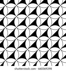 White figures on black background. Texture with oval and triangular shapes. Ethnic motif. Seamless surface pattern design with circular ornament. Pavement wallpaper. Digital, textile print, designing.