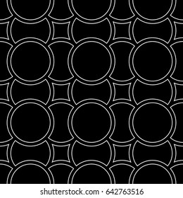 White figures outlines on black background. Circles and squares texture. Ethnic motif. Seamless surface pattern design with circular embroidery ornament. Digital paper with rings for textile print.
