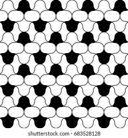 White figures tessellation on black background. Image with floral shapes. Ethnic mosaic tiles motif. Ancient seamless surface pattern design with interlocking oriental ornament. Window tracery art.