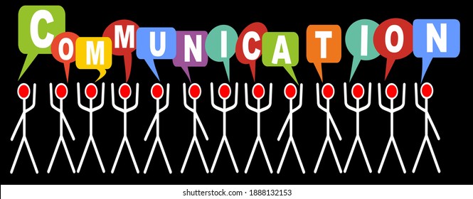 white figurines with red faces in different poses hold the inscription Communication, individual letters in speach bubbles in different colors, vector banner design