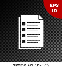 White File document icon isolated on transparent dark background. Checklist icon. Business concept.  Vector Illustration