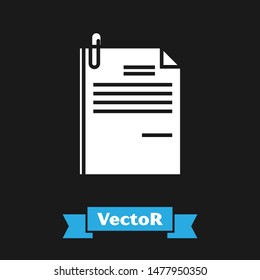 White File document and paper clip icon isolated on black background. Checklist icon. Business concept.  Vector Illustration