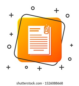 White File document and paper clip icon isolated on white background. Checklist icon. Business concept. Orange square button. Vector Illustration