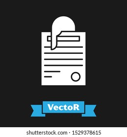 White File document and paper clip icon isolated on black background. Checklist icon. Business concept.  Vector Illustration