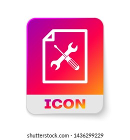 White File document with screwdriver and wrench icon isolated on white background. Adjusting, service, setting, maintenance, repair, fixing. Rectangle color button. Vector Illustration