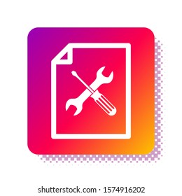 White File document with screwdriver and wrench icon isolated on white background. Adjusting, service, setting, maintenance, repair, fixing. Square color button. Vector Illustration