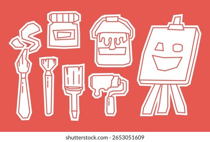 White Filled Art Supplies Elements Icon Set in Cutout Style