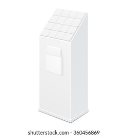 White Filled POS POI Cardboard Floor Display Rack For Supermarket Blank Empty Displays With Shelves Products On White Background Isolated. Ready For Your Design. Product Packing. Vector EFPS10 