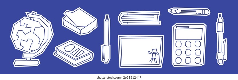Weiß ausgefüllte Schule Desk Essentials Elemente Symbol Set im Ausschnitt Stil