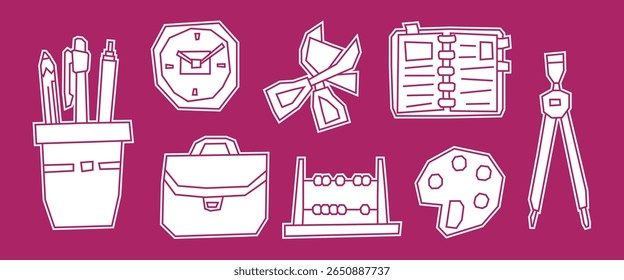 White Filled School Stationery and Creative Tools Elements Icon Set in Cutout Style