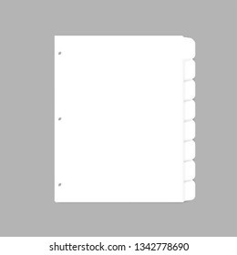 White filler paper with cut tabs for ring bound notebook letter size, vector mock-up. Ring binder index dividers, template.