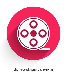 White Film reel icon isolated with long shadow. Red circle button. Vector Illustration