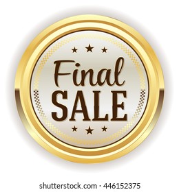 White final sale button, badge with gold border on white background
