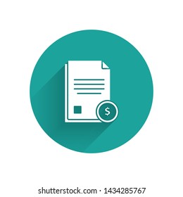 White Finance document icon isolated with long shadow. Paper bank document with dollar coin for invoice or bill concept. Green circle button. Vector Illustration