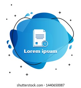 White Finance document icon isolated on white background. Paper bank document with dollar coin for invoice or bill concept. Abstract banner with liquid shapes. Vector Illustration