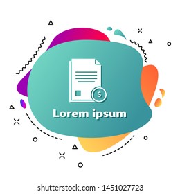White Finance document icon isolated on white background. Paper bank document with dollar coin for invoice or bill concept. Abstract banner with liquid shapes. Vector Illustration