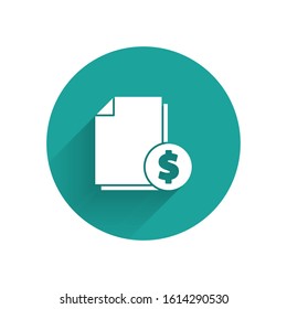 White Finance document icon isolated with long shadow. Paper bank document with dollar coin for invoice or bill concept. Green circle button. Vector Illustration