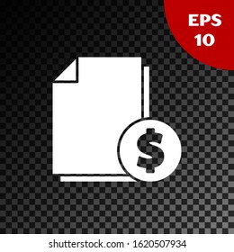 White Finance document icon isolated on transparent dark background. Paper bank document with dollar coin for invoice or bill concept.  Vector Illustration