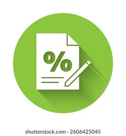 White Finance document icon isolated with long shadow. Paper bank document for invoice or bill concept. Green circle button. Vector Illustration