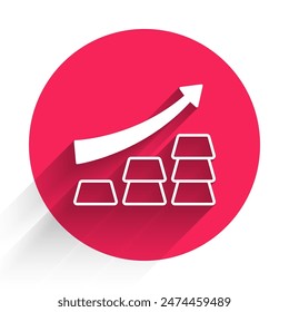 White Finance growth chart arrow with gold bars icon isolated with long shadow background. Financial success concept. Gold investment concept. Red circle button. Vector