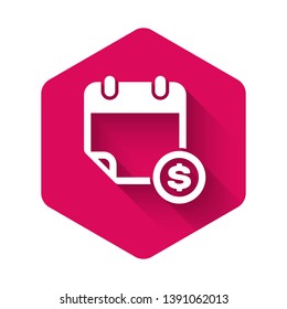 White Financial calendar icon isolated with long shadow. Annual payment day, monthly budget planning, fixed period concept, loan duration. Pink hexagon button. Vector Illustration