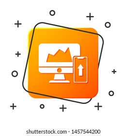 White Financial chart or graph on the computer monitor and mobile phone icon isolated on white background. Strategy, planning, data, investment. Orange square button. Vector Illustration