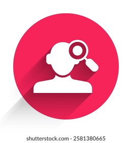 White Finding a problem in psychology icon isolated with long shadow background. Red circle button. Vector