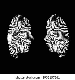 White finger print patterns isolated on black background. Woman and man face silhouette with touch id pattern