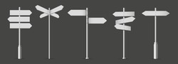 White fingerpost. Directional sign, 3D wayfinding arrows on pole isolated realistic vector illustration set of direction guide, guidepost and signpost